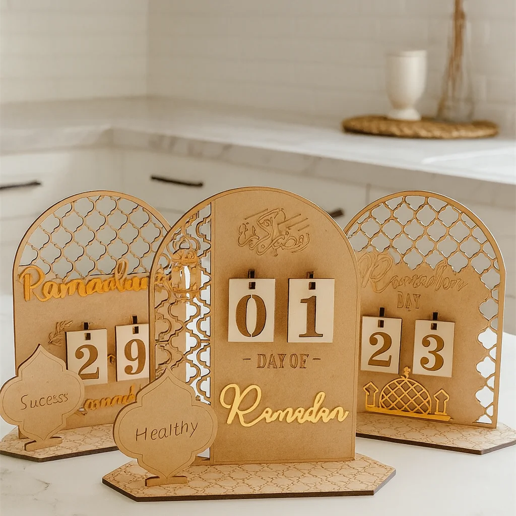 DIY Wooden Ramadan Eid Countdown Calendar Indoor Decoration 20x20x7cm Rectangle