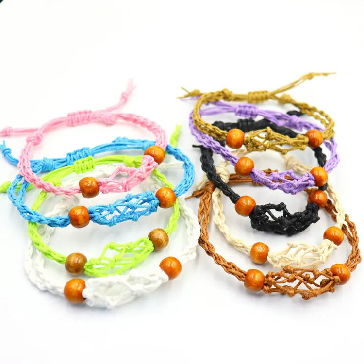 Wholesale Handmade Woven Wax Cord Mesh Net Cage Pocket Bracelet Adjustable Empty Gemstone Quartz Crystal Stone Holder Bracelet