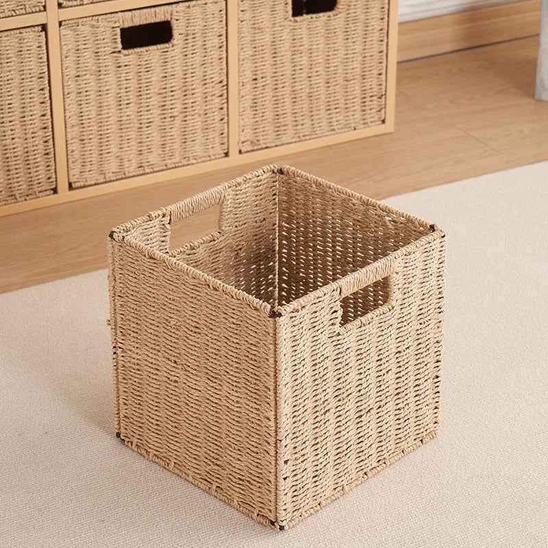 Collapsible Multi-functional Nature Paper Rope Storage Bins for Organizing Container Blanket Storage Basket with Handles