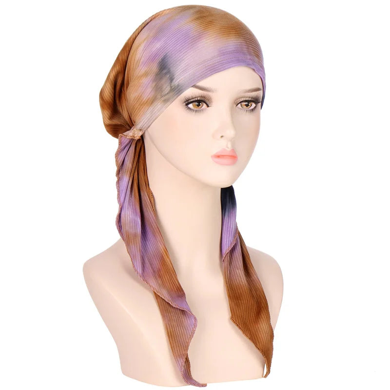 HZM-22131 Pre Tied Head Scarves Slip on Beanies Chemo Covers Cap for Women Long Ties Headwear Turban