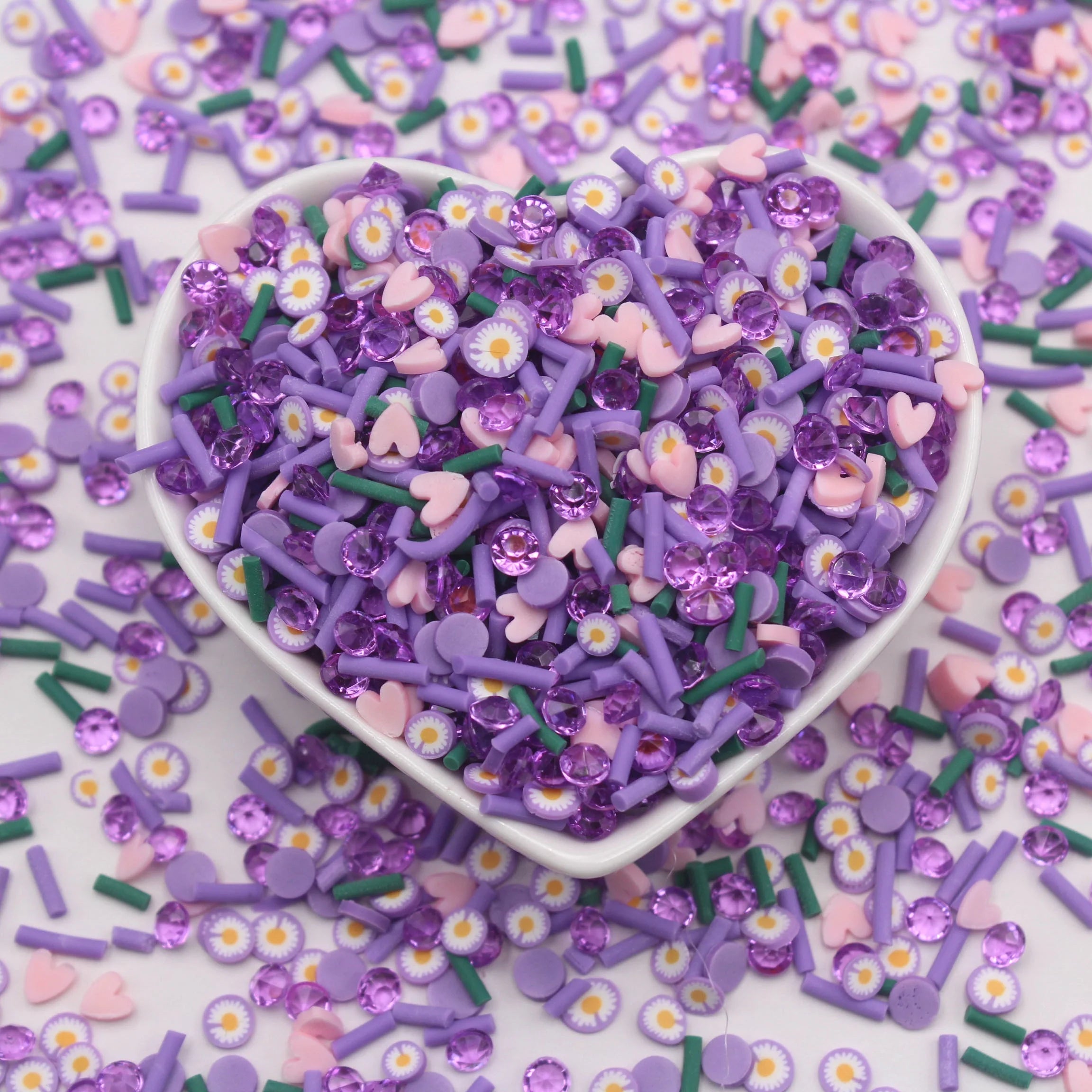 1KG/bag Purple Daisy Clay Slices Flowers Mixture Sprinkles Faux Diamonds Spring Season DIY Crafts Tumbler Filling Figurine