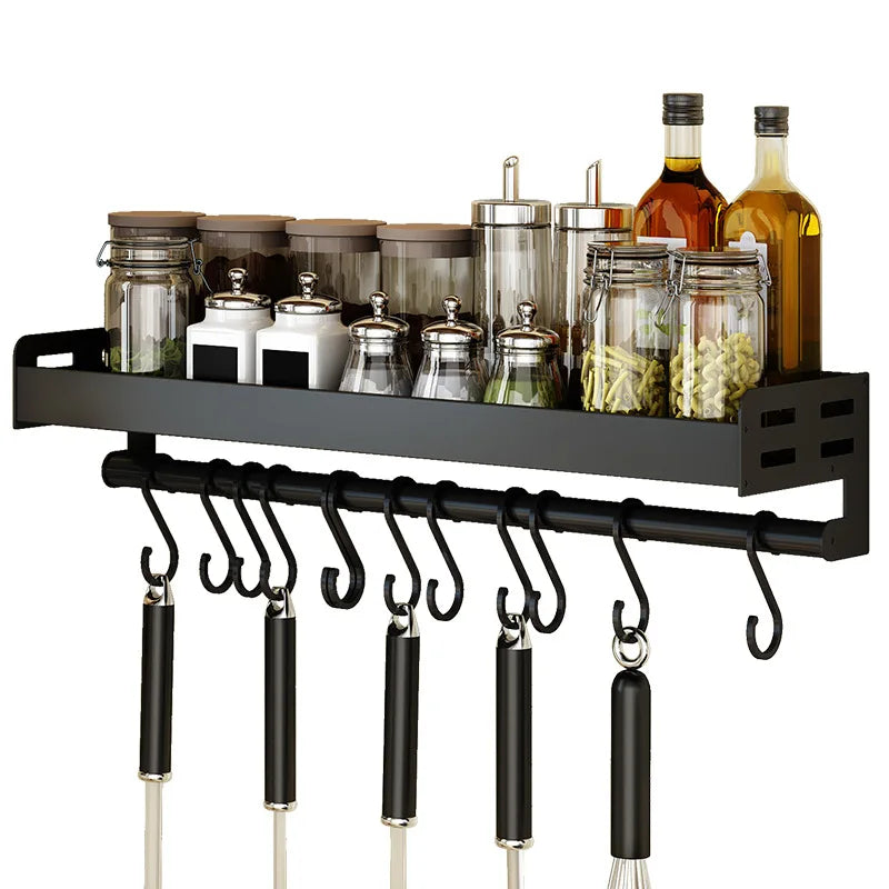 Kitchen Spice Rack Wall-mounted Hanging Sauce Jar Holder with Hook Multi-functional Storage Organizer