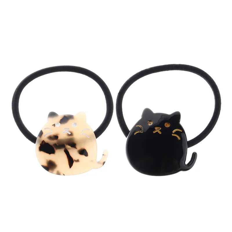 MiDairy Korean Design Fashion Acrylic Tortoise Shell Acetate Cute Cat Black Elastic Hair Tie Rope Bands for Women Girls