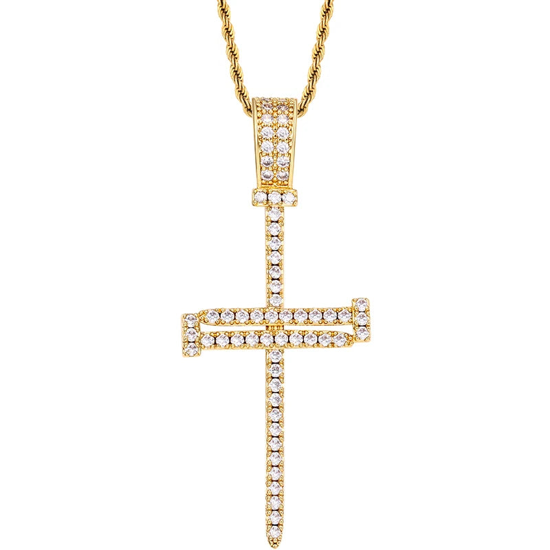 Trend Men's Hiphop Jewelry 18k Gold Plated Brass Micro Paved CZ Diamond Sword Shape Cross Pendant Jewelry