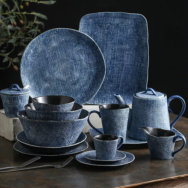 Hot Stoneware Serving Platter Blue Steak Plate Restaurant Tableware Porcelain Ceramic Dinner Plate