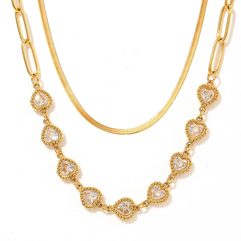18K Gold PVD Plated Delicate Stainless Steel Necklace for Women Fashionable Snake Chain Heart Zircon Collarbone for Gift