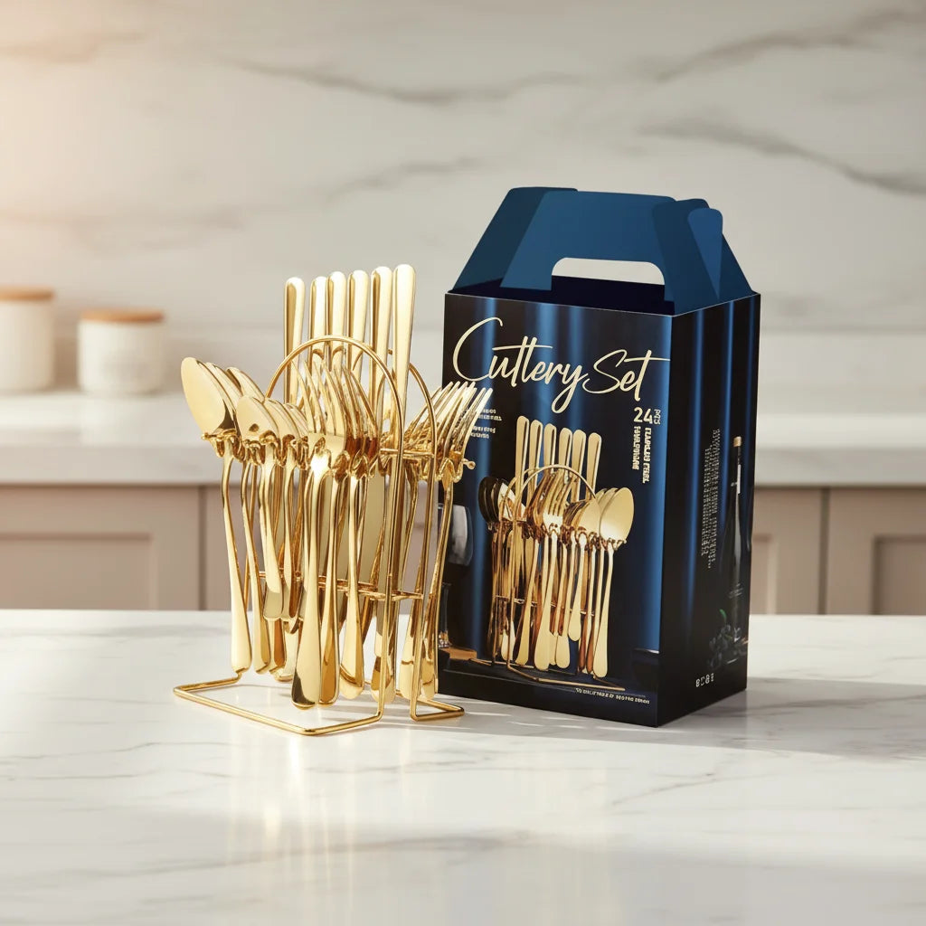 Stainless Steel Knife Fork Spoon Set 24pcs Gold Rose Gold Flatware Silverware Cutlery Set With Stand