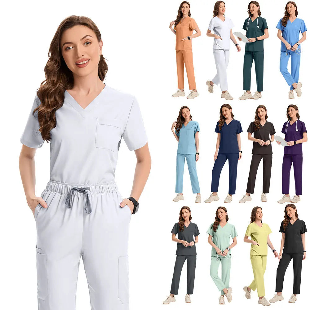 Adjustable Custom logo Hospital Uniforms Scrubs Medical Embroidery Nurse Uniform Zipper Pocket Unisex Scrubs Uniforms Set