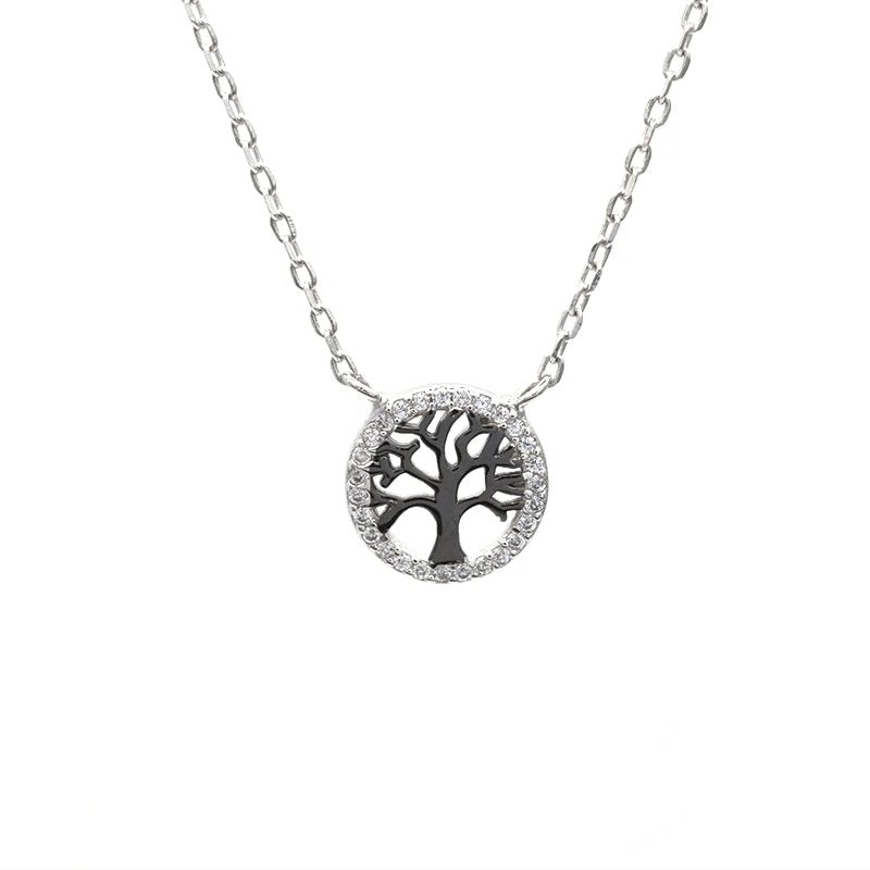 Fine Jewelry 925 Sterling Silver Zircon Round Shaped Tree of Life Necklace for Women