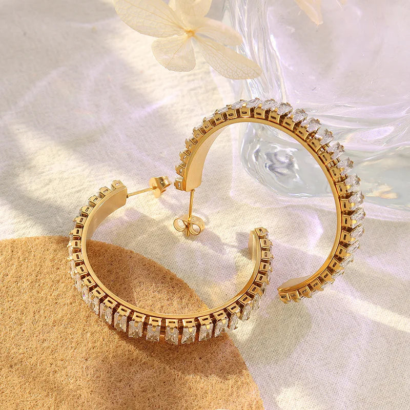 Waterproof Large CZ Open Earrings Non Tarnish Gold Hoop Earrings Stainless Steel Cubic Zirconia Earrings