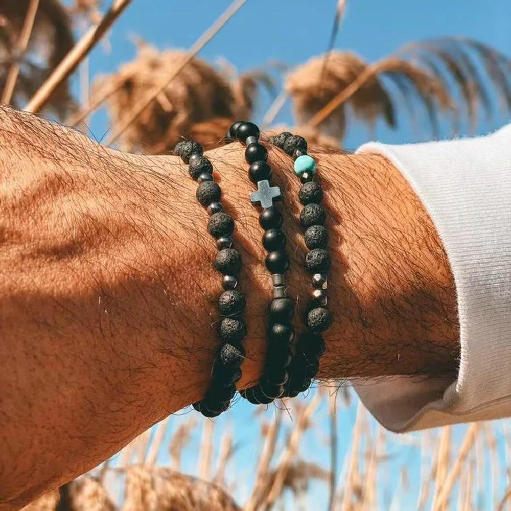 3pcs/set New Design 6mm Natural Lava Beaded Bracelet Wholesale High Quality Magnetic Hematite Agate Lava Bracelet for Men