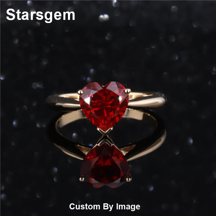 Starsgem Heart Shape Lab Ruby Gemstone 8*8mm Red Stone Ruby 9K Solid Yellow Gold Rings