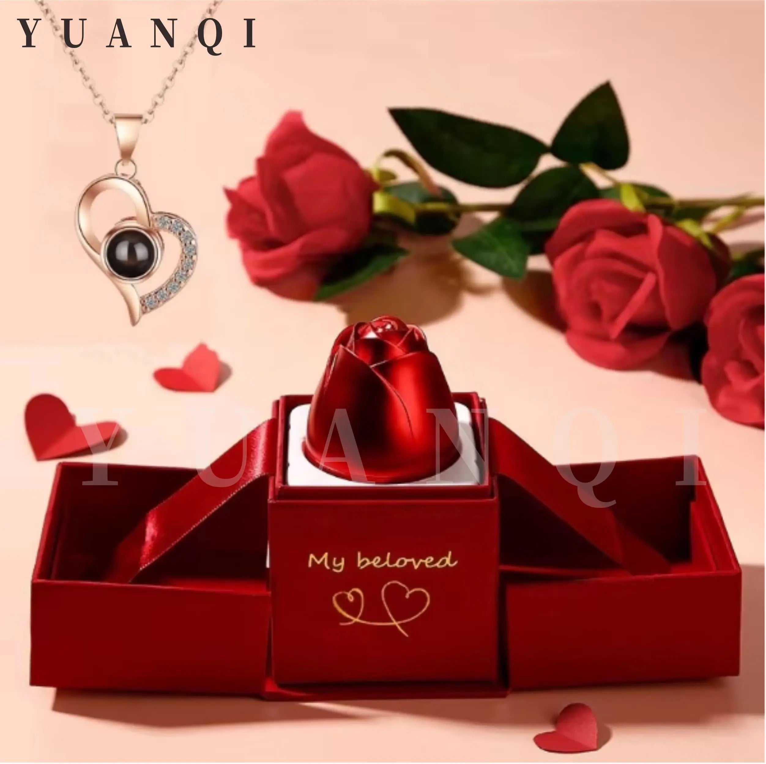 Creative High-end Double Lift Metal Rose Ring Necklace Earrings Jewelry Packaging Box Suitable for Valentine's Day