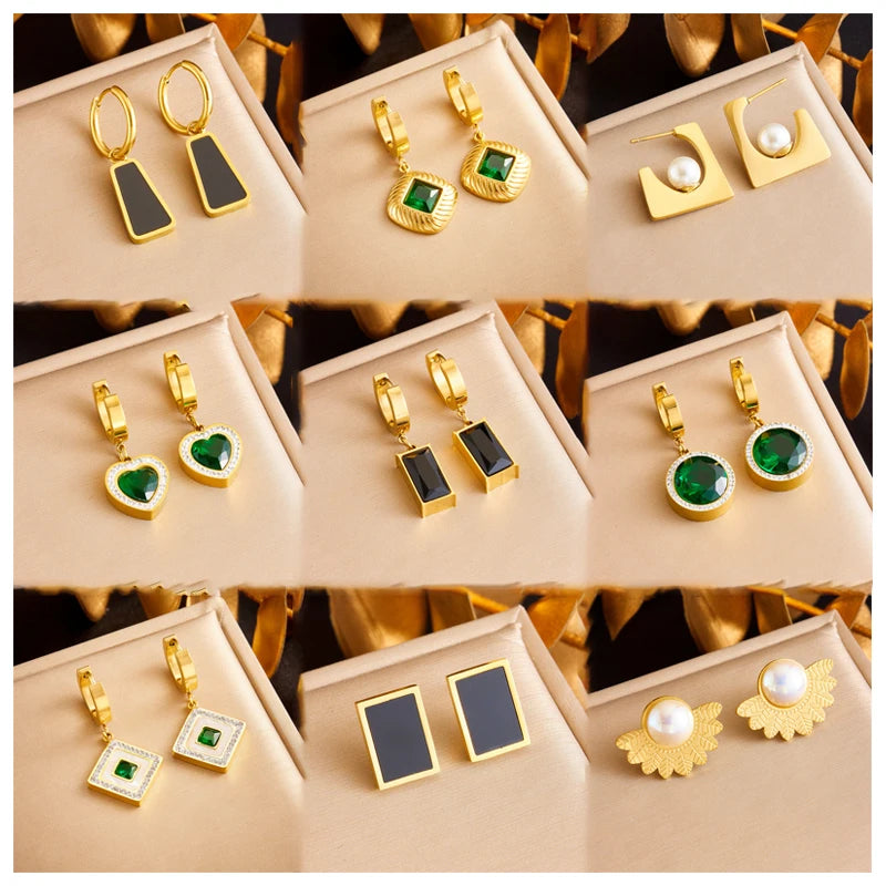 MEIZI JEWELRY Simple Diamond Set Square Geometric Pendant Stainless Steel Metal Earrings Fashionable Hoop Earings