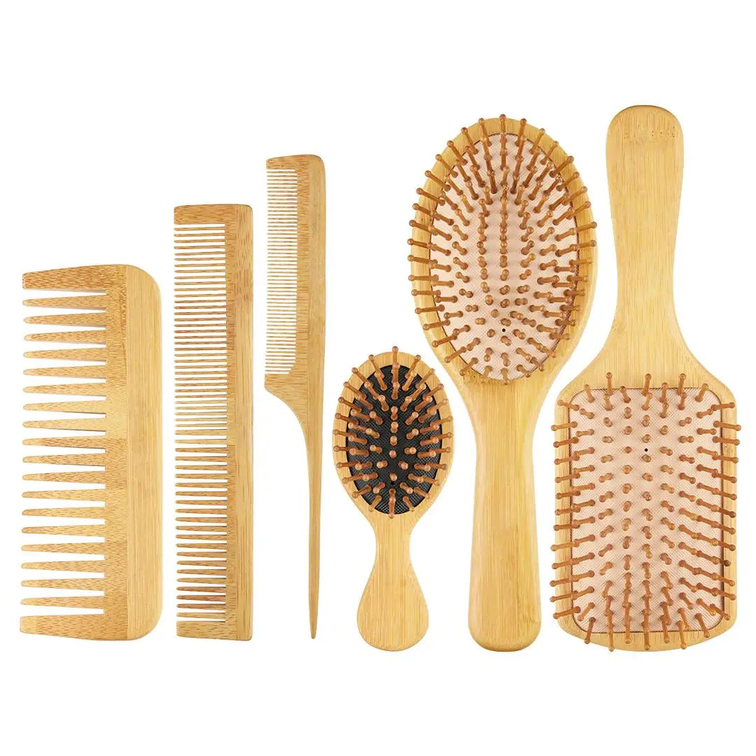 Low MOQ Private Label Hair Brush Set Wide Tooth Comb and Rat Tail with Fashionable Style Bamboo Handle for Salon Use