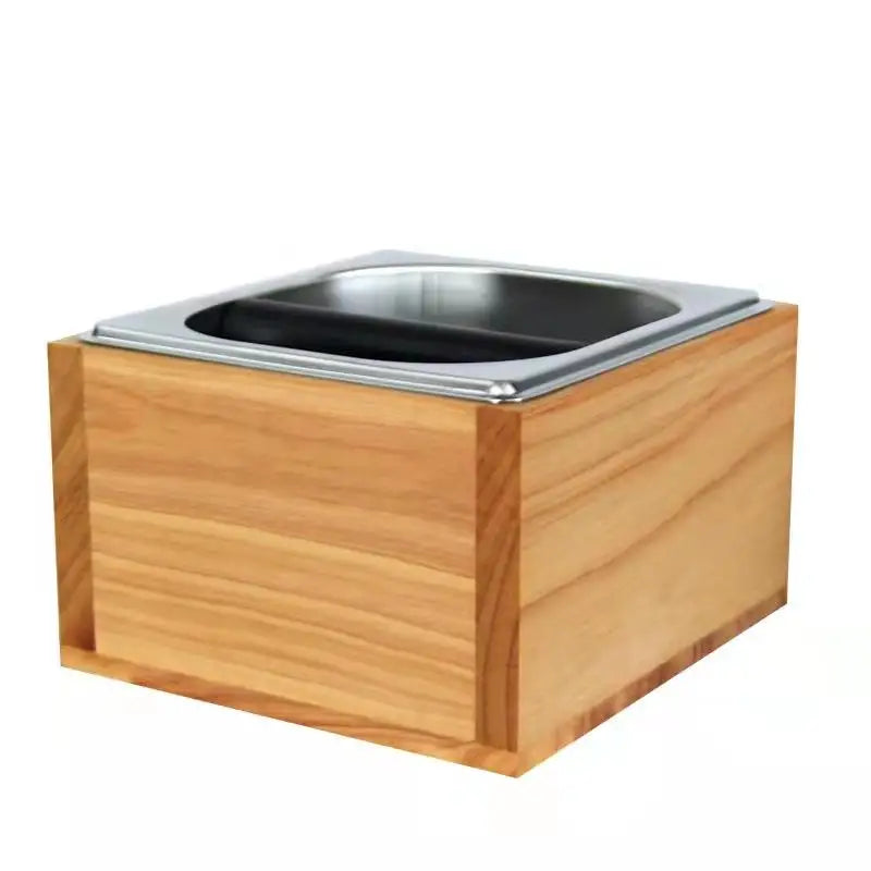 Square Removable Stainless Steel Coffee Grounds Bucket Coffee Knock Box with Wooden Holder