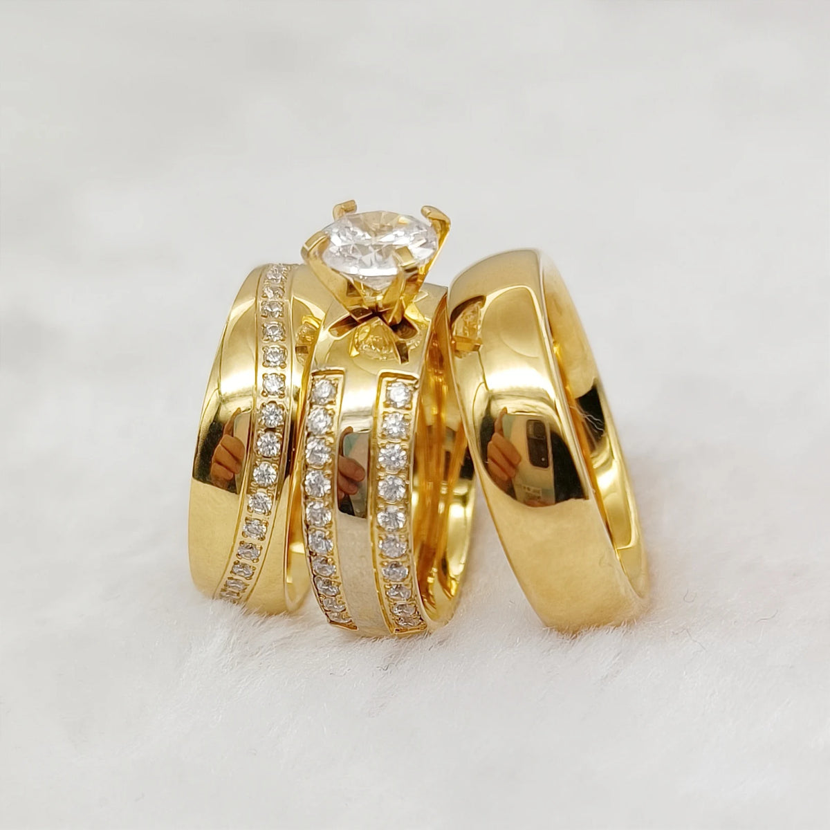 Western 24K Gold Plated Dubai Stainless Steel Classic Style Cubic Zirconia Diamond Promise Wedding Rings Bridal Sets for Couples MegaBDM