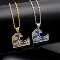 Custom Full Diamond Crystal Beaded Stainless Steel Hip Hop Gold Surf Wave Pendant Necklace for Men Party Occasion