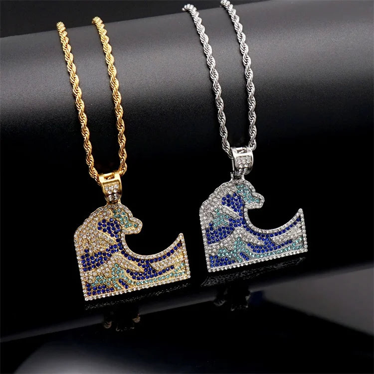 Custom Full Diamond Crystal Beaded Stainless Steel Hip Hop Gold Surf Wave Pendant Necklace for Men Party Occasion