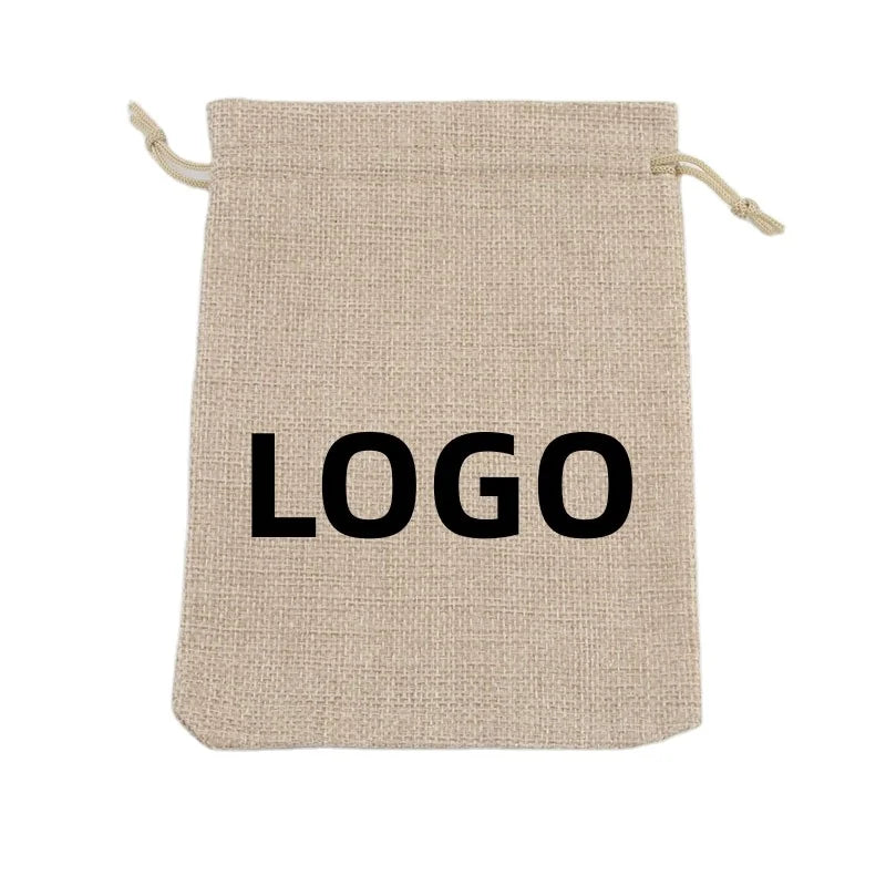 Custom Logo 15x20cm Natural Linen Burlap Jute Drawstring Gift Bags With Handles Gift Packaging Party Favor Candy Bags