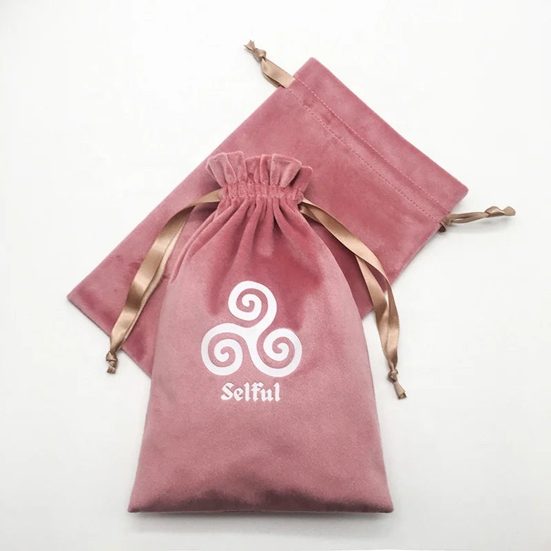 Luxury Printed Logo Pink Soft Velvet Hand Bag Cosmetic Gift Drawstring Bag