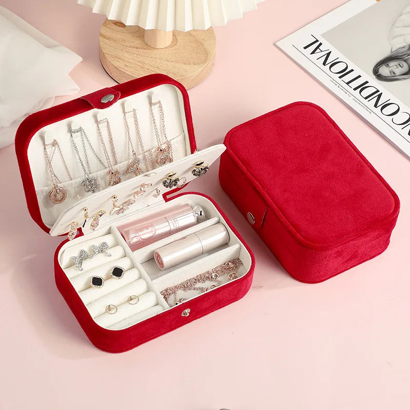 Wholesale Simple Double-Layer Portable Rectangle Shape Velvet Jewelry Storage Box for Earrings Necklace Ring for Travel MegaBDM