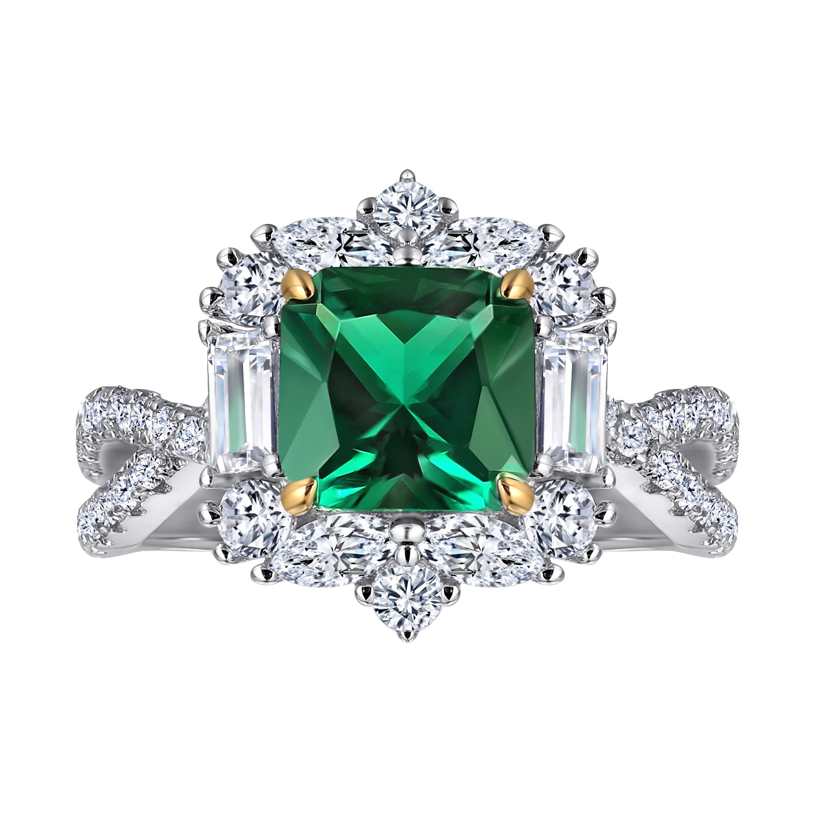 Rhodium Plated 925 Sterling Silver Princess Cut Emerald Women's Gemstone Ring for Wedding & Party