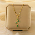 Wholesale No Fade Titanium Steel Design Women Fashion Jewelry Emerald Leaf Shaped Zircon Necklace