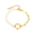 Minimalist Round Charm Bracelet Stainless Steel Bracelet Paper Clip Chain Fresh Water Pearl Bracelet for Women