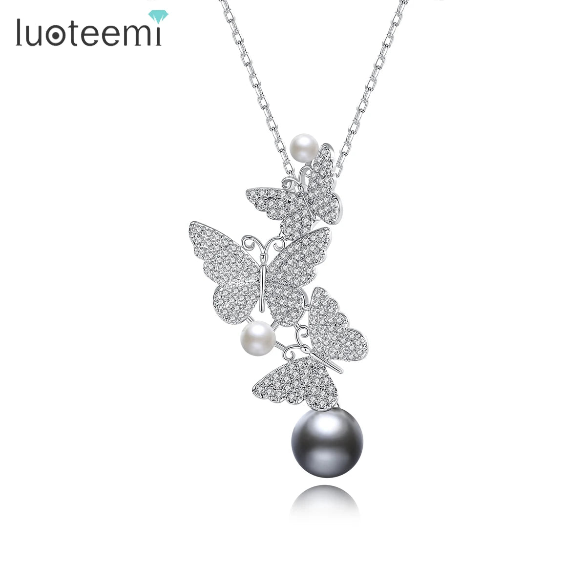 LUOTEEMI Butterfly Choker Women Gray Pearl Pendant Copper CZ Diamond Crystal Butterfly Necklace