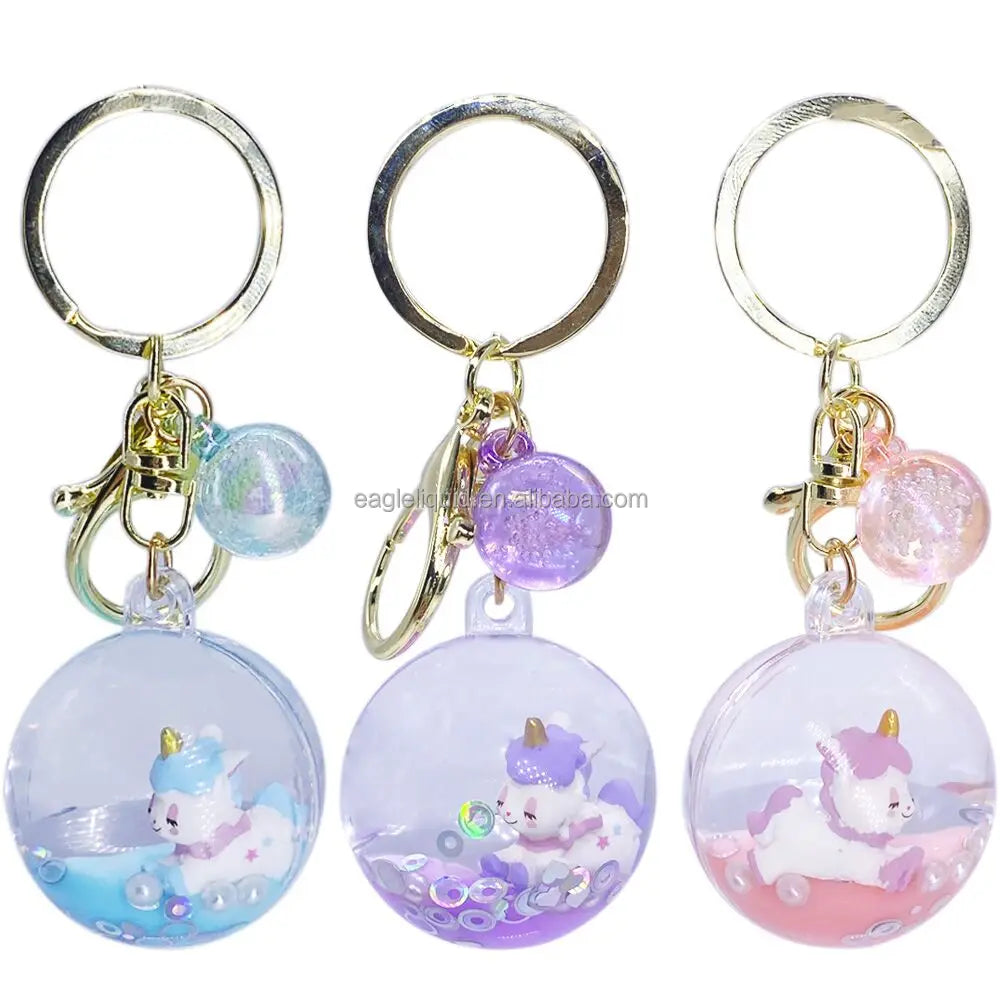 Small Gifts Trendy Car Pendant Round Snow Globe Key Chain Cute Unicorn Keyring Bag Ornament Custom Floating Liquid Keychain