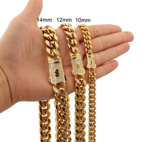 8mm12mm14mm Gold Stainless Steel Cuban Chain Crypto Chain Men's Titanium Steel Necklace Jewelry Micro-inset Zircon Buckle