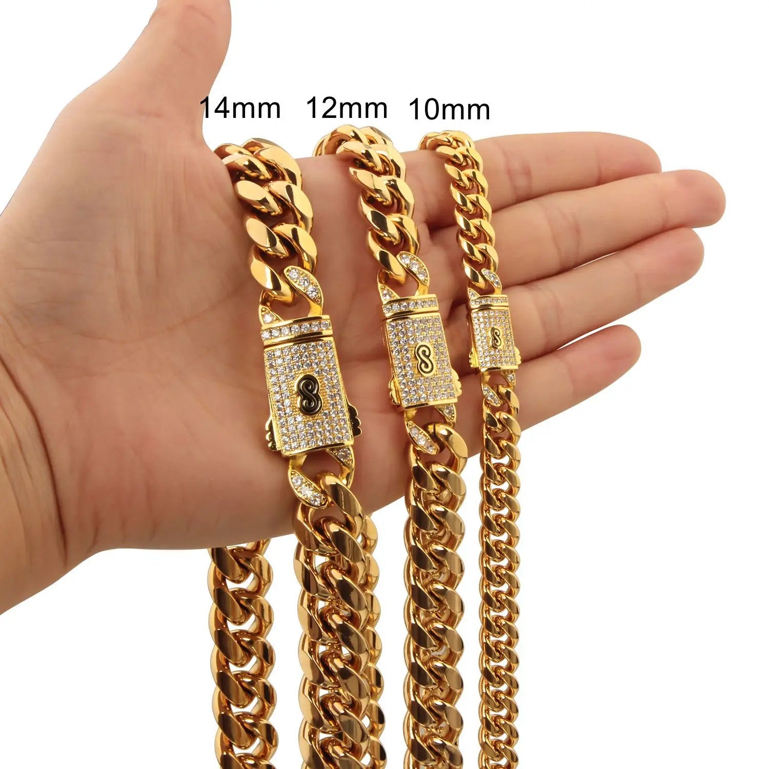 8mm12mm14mm Gold Stainless Steel Cuban Chain Crypto Chain Men's Titanium Steel Necklace Jewelry Micro-inset Zircon Buckle