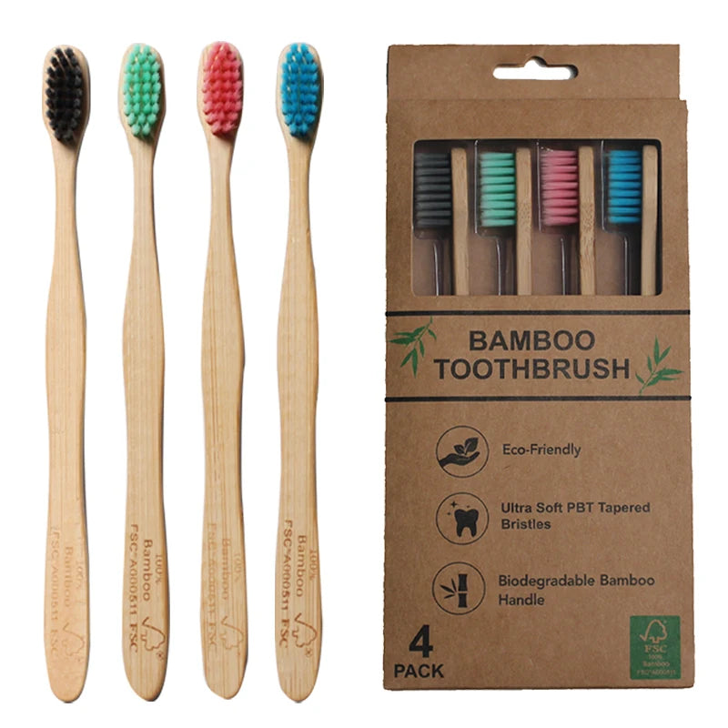 Natural Bamboo Toothbrush Set with Bamboo Wooden Box 100% Biodegradable Charcoal Toothbrush