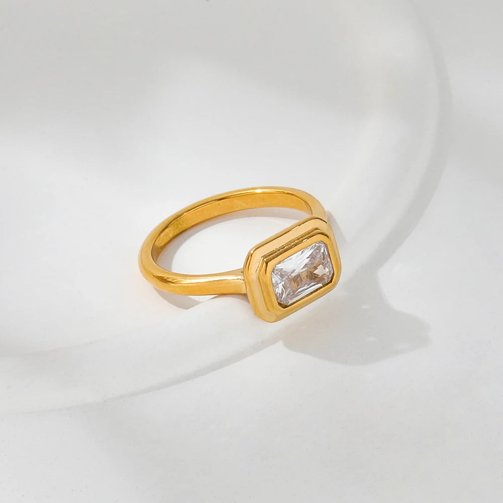 Joolim Stainless Steel Jewelry Wholesale 18K Gold Plated Clear Square Zirconia Rings for Women Dainty Rings
