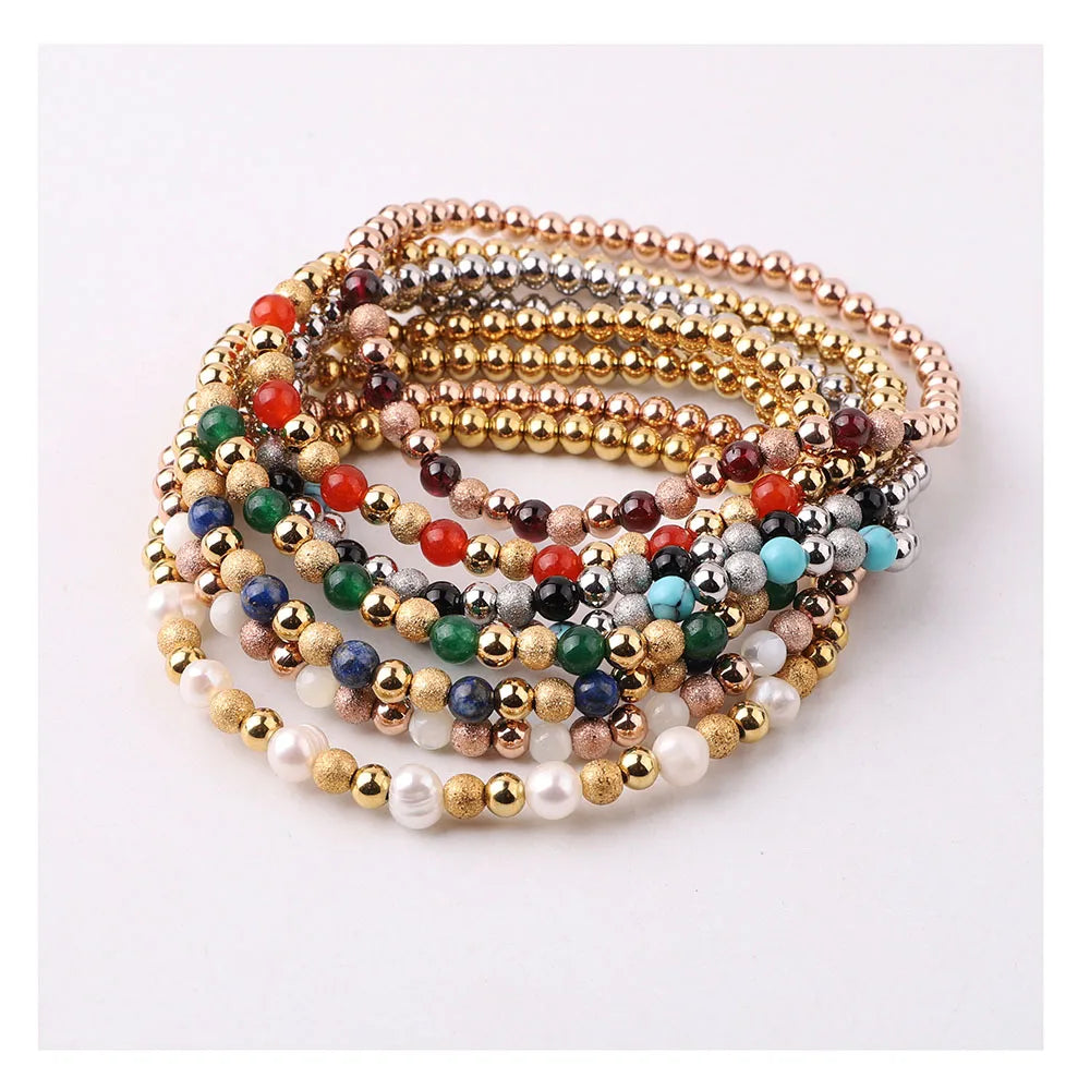 New Design No-Fade Color 18K PVD Gold Plated Stainless Steel Beads Elastic Bracelet Natural Stone Bracelet for Women JBS12633
