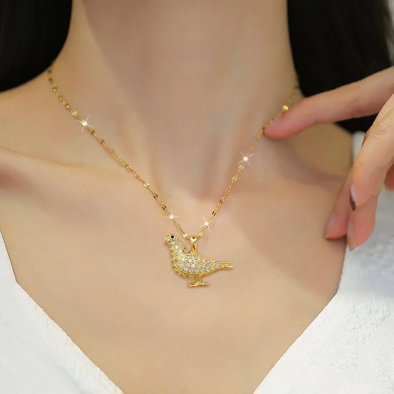 Titanium Steel Full Diamond Pigeon Bird Zircon Necklace Charm Choker Chain for Women Wedding Engagement Stainless Steel Jewelry