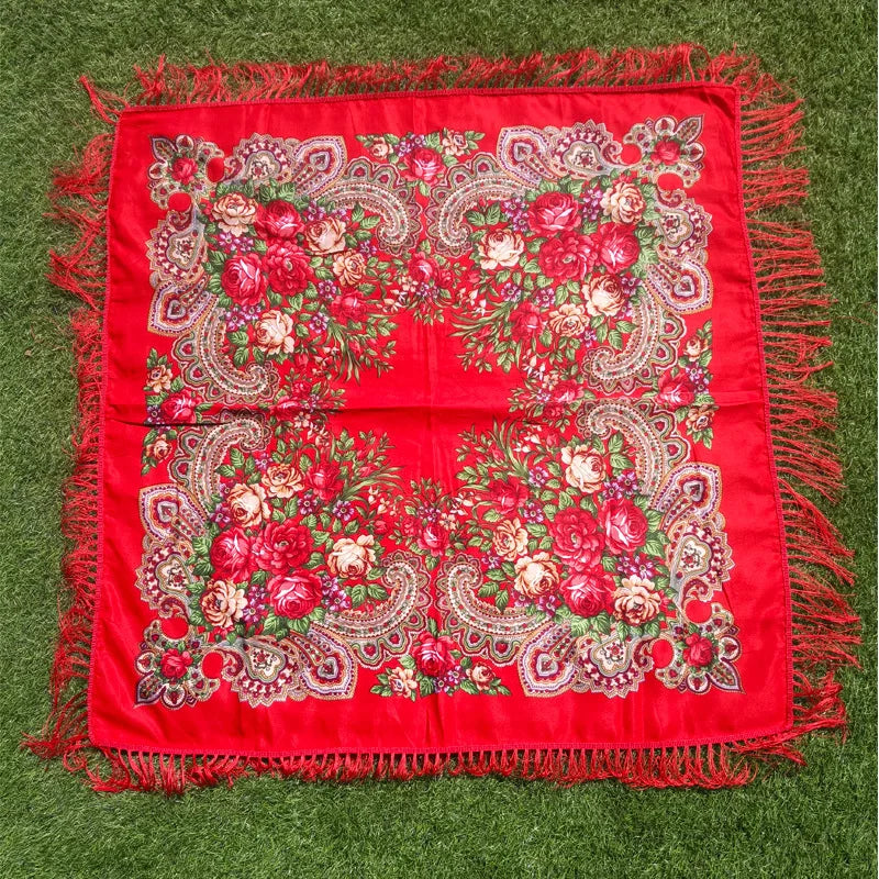 Hot Sale Vintage Floral Printed Tassel Scarf 135CM Square Women Winter Russia National Wind Style Girls Custom Logo Design