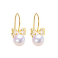2024 New Zircon Bow Hook Earrings 100% Genuine Freshwater Pearl Women's Jewelry Perfect Wholesale Gift