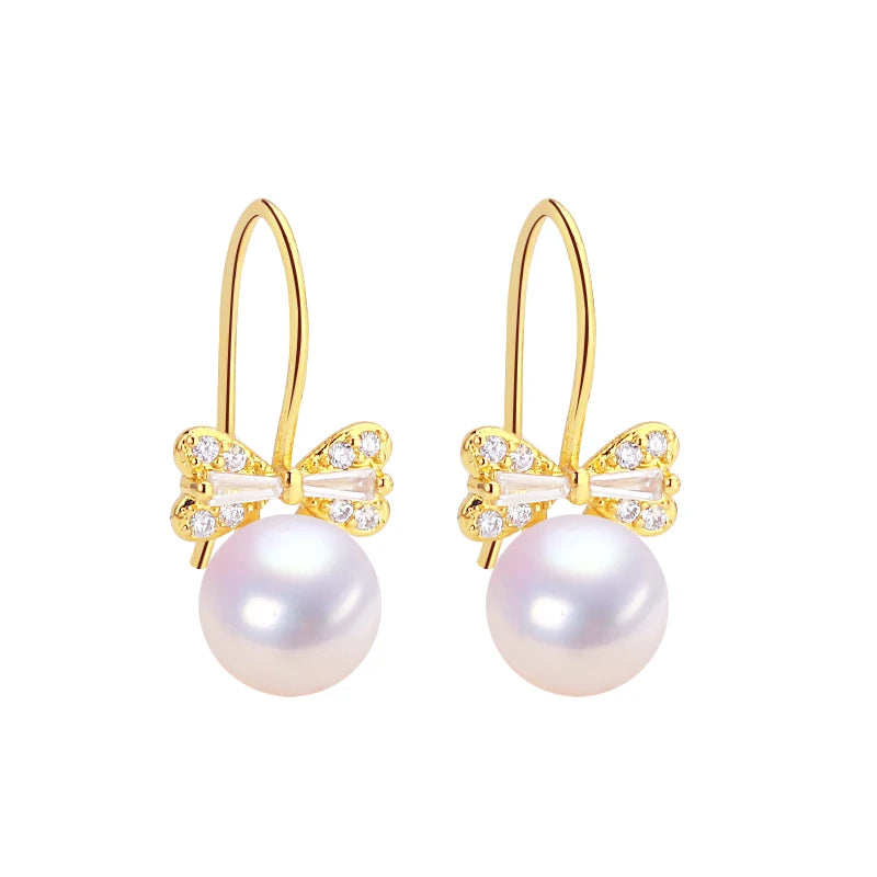 2024 New Zircon Bow Hook Earrings 100% Genuine Freshwater Pearl Women's Jewelry Perfect Wholesale Gift