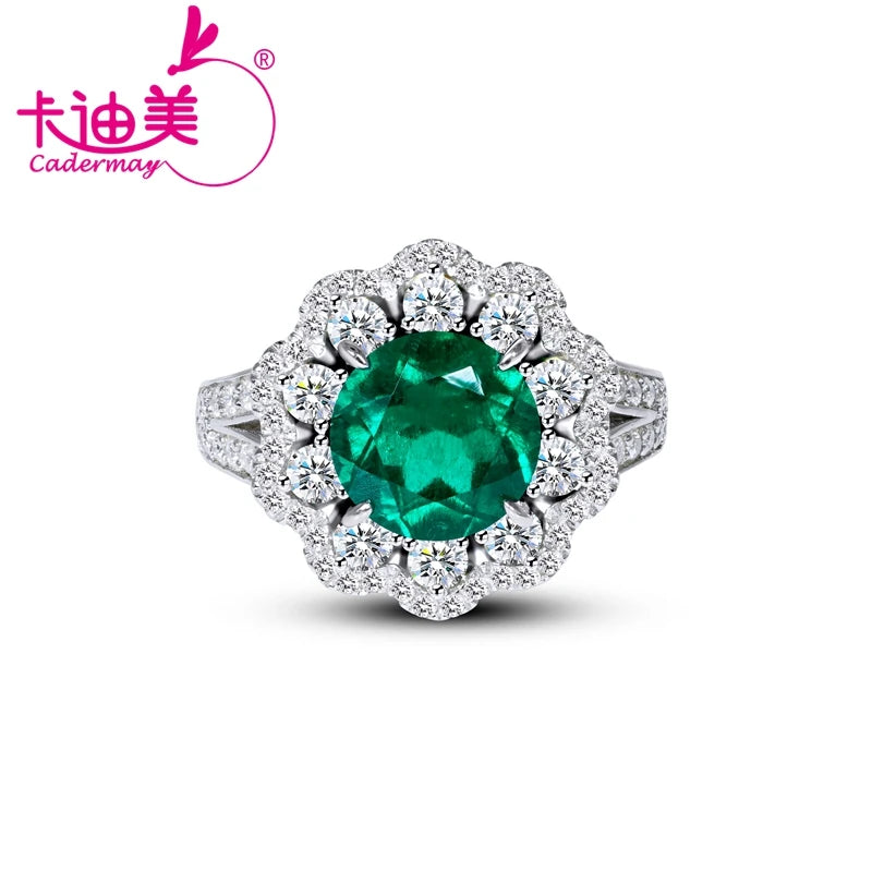 2.1CT Round Brilliant Lab Grown Emerald 925 Sterling Silver Luxury Muzzo Green Emerald With Contton Wool Engagement Wedding Ring