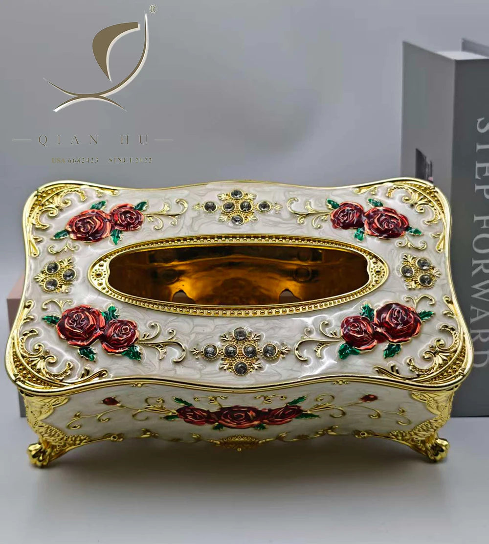 QIAN HU Luxury Retro Floral Design Facial Tissue Box Custom Car Plastic Cover for Table Bar Storage Home Decor Napkins