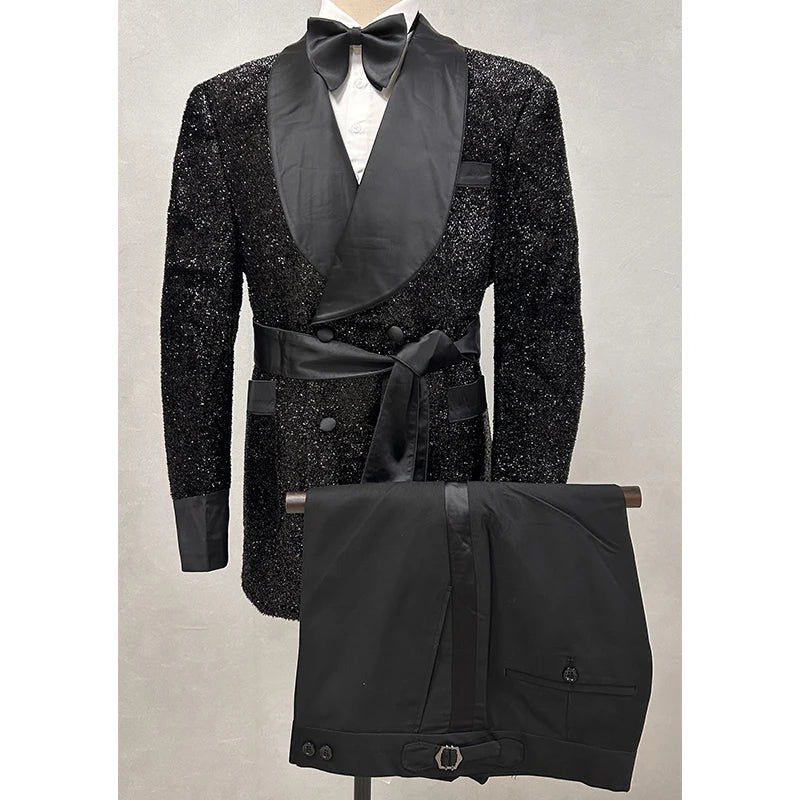 Highend Atmosphere Men's Banquet Performance Clothing Black Flash Suit Set Double Breasted Business Casual Men's Black Suit.