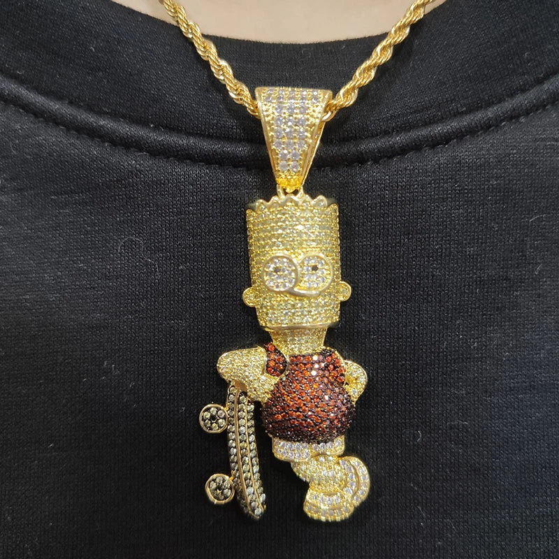 Creative Cartoon Character Copper Pendant Iced Out Full AAA Cubic Zircon Simpson Pendant Necklace Hiphop Jewelry Fo Men Women