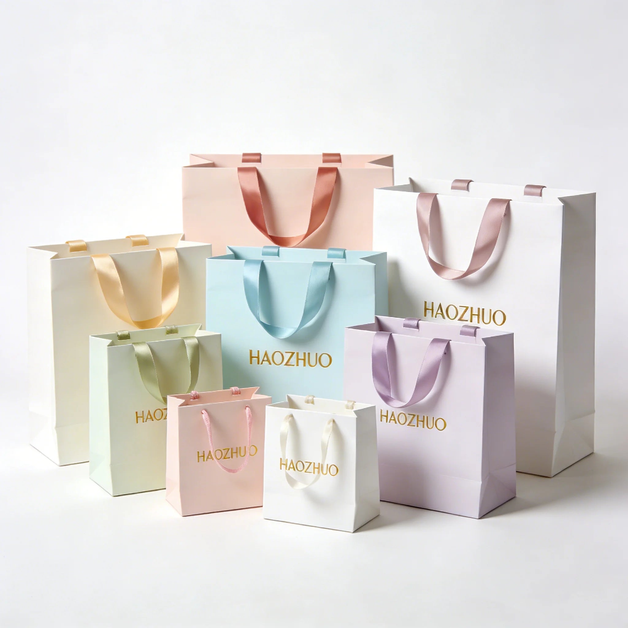 Wholesale Custom Designed Printed Paper Gift Bags with Ribbon Handle for Clothing Shoes Underwear Featuring Your Own Logo