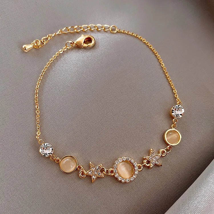 HOVANCI Adjustable Sparkle Genuine Gold Plating Crystal Star Charms Opal Bracelet for Girls