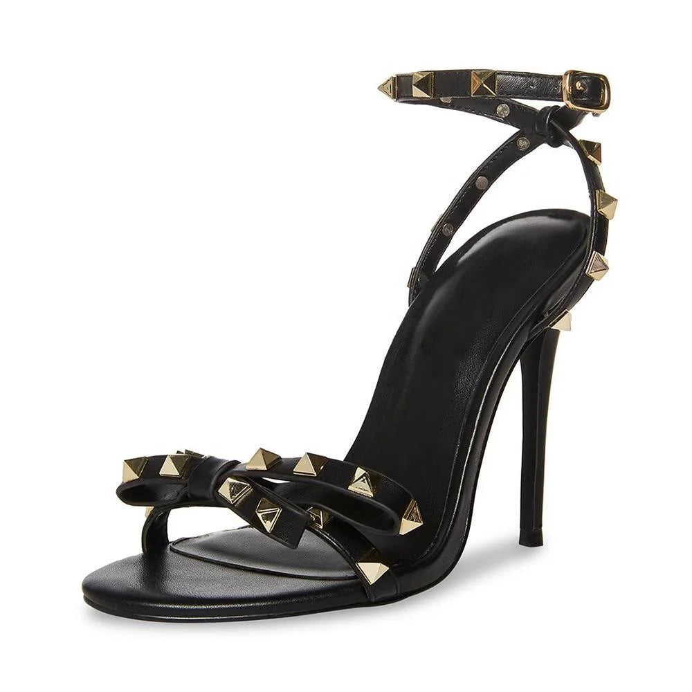 Solid Color Bow High Heels Shoes for Women Ankle Buckle Strap Stilettos Sexy Ladies Round Toe Sandals