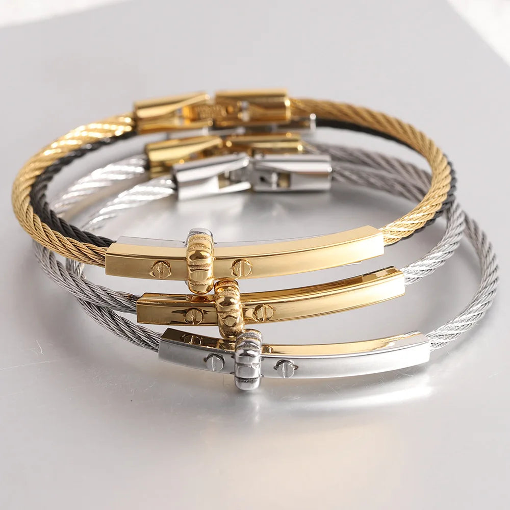 Popular Stainless Steel Electroplated 18K Gold Black Cable Bracelet Custom Name Logo Simple Wire Buckle Bracelet Women
