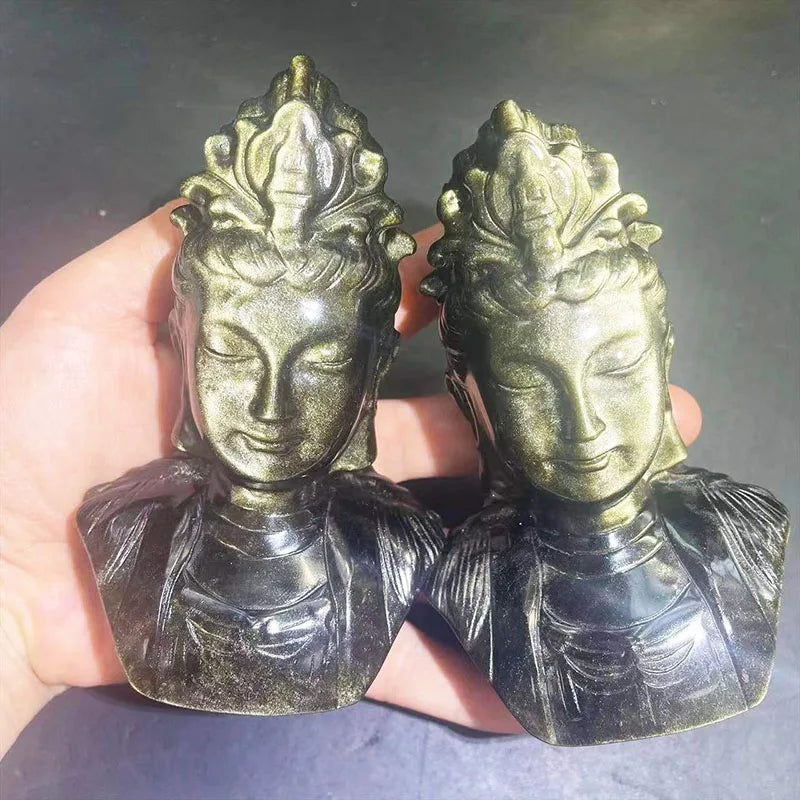 Flashy Guanyin Buddha Statue Carving Crystal Natural Hand Carved Gold Sheen Obsidian Stone Crystal Guanyin Bodhisattva
