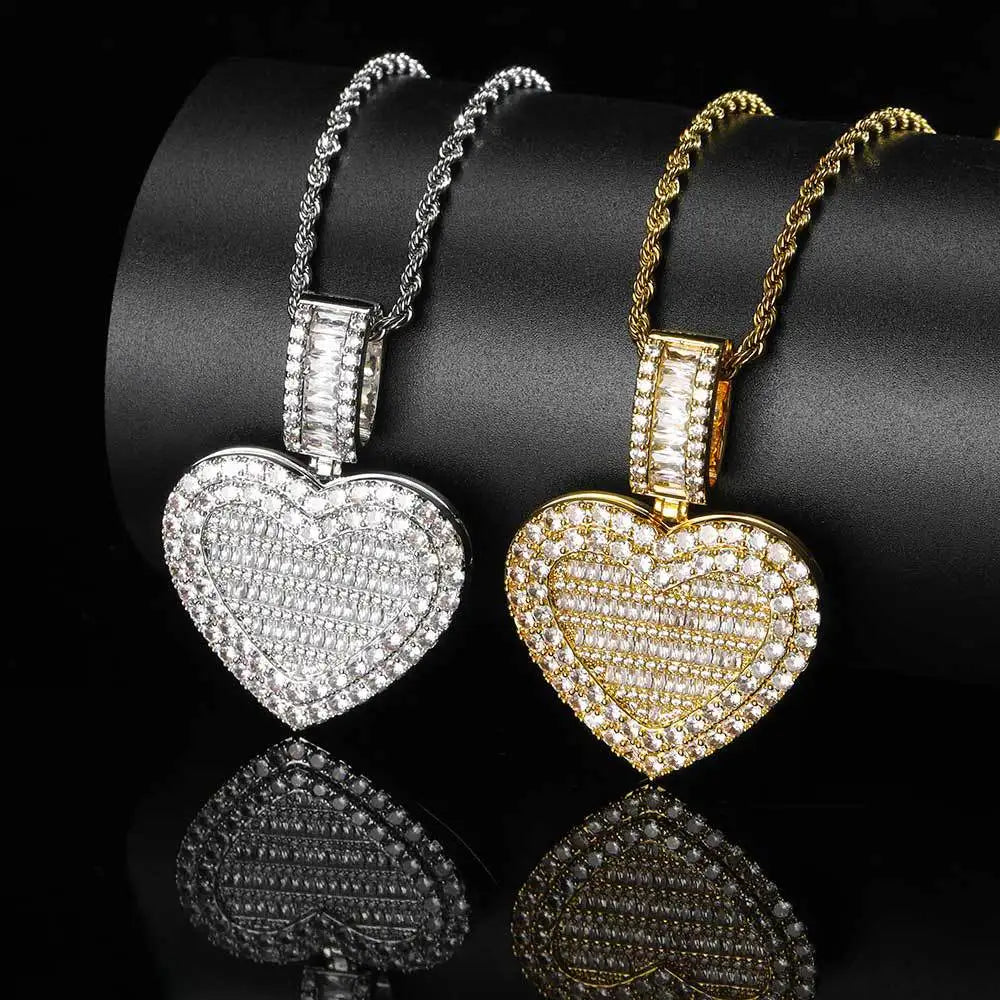 Hip Hop Jewelry Love Gold Iced Out Memory Customized Photo Locket Frame Lock CZ Zircon Diamond Heart Pendant